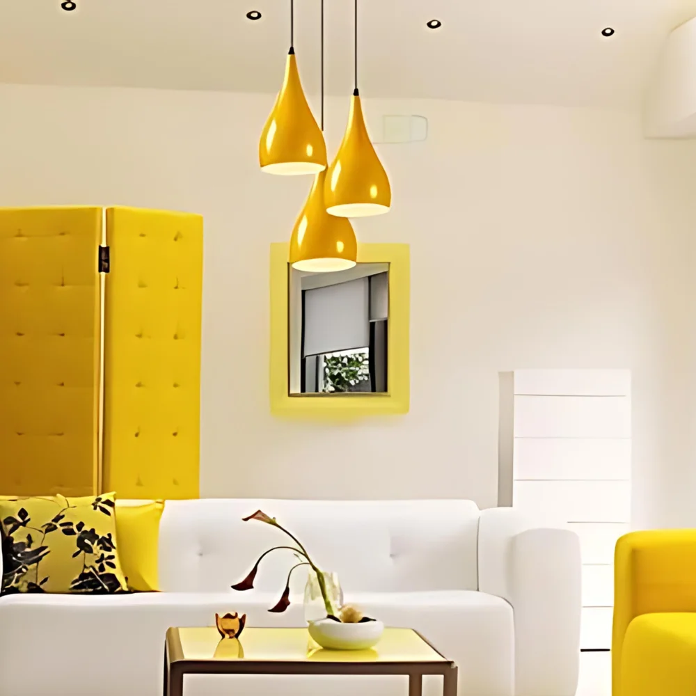 Three teardrop shades in black, blue, and burgundy hanging from a 3 way E27 bulb pendant light ceiling fixture