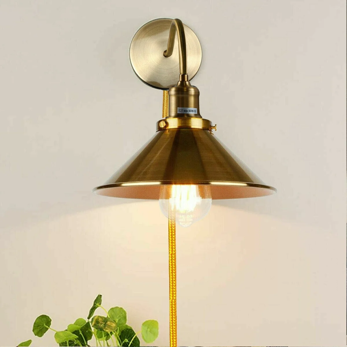 Vintage Nordic metal plug in wall light with 2m cable and dimmer switch, ideal for indoor ambient and task lighting