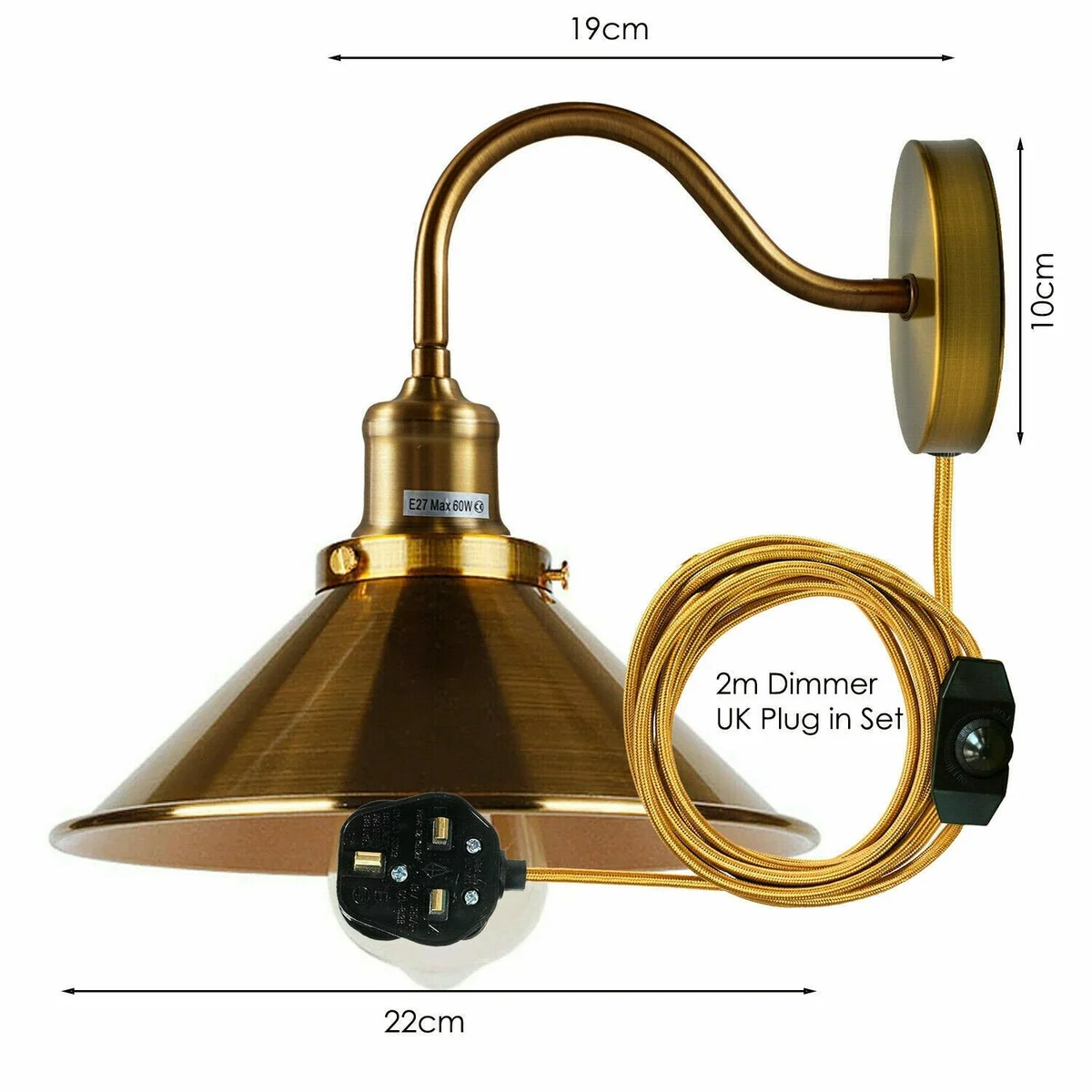 Vintage style metal wall light with 2m cable and dimmer switch, ideal for indoor ambient and task lighting