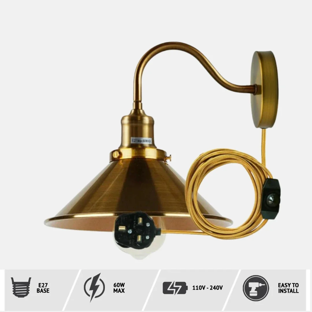 Vintage Nordic metal wall light with 2m cable and dimmer switch light, ideal for ambient and task lighting indoors