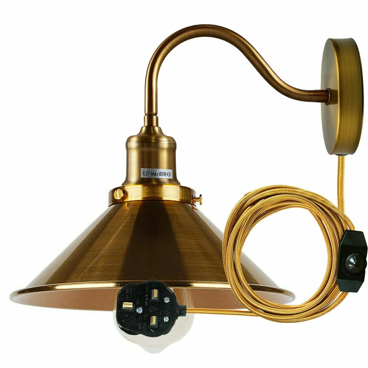 Vintage Nordic metal E27 wall light fitting with 2m cable and dimmer switch, ideal for ambient indoor lighting