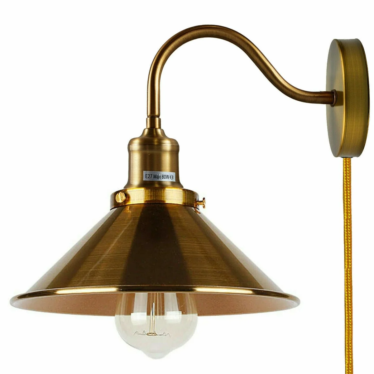 Vintage style 2m cable wall light with metal shade and dimmer switch, ideal for ambient indoor lighting and easy plug-in use
