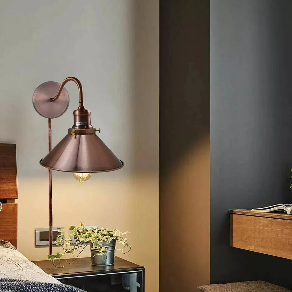 Vintage Nordic metal plug in wall light with 2m cable and dimmer switch, ideal for ambient indoor lighting