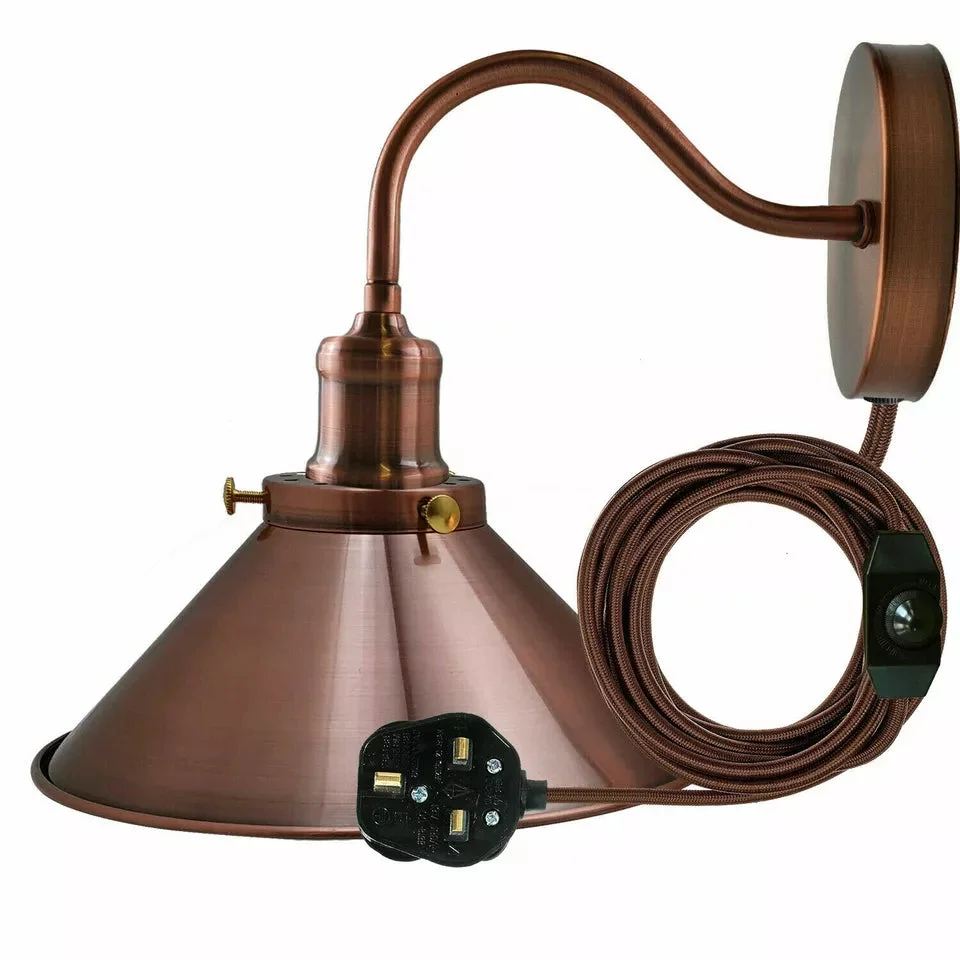 Vintage-style plug in wall light with metal shade, 2m cable and dimmer switch, mounted on white wall