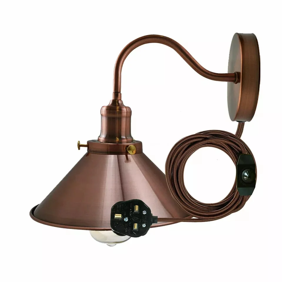 Vintage style Nordic metal plug in wall light with 2m cable and dimmer switch, ideal for ambient indoor lighting