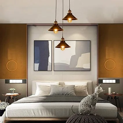 Vintage style 3 head pendant light with flat cone shades and gold trim, adjustable for sloped ceilings, indoor use
