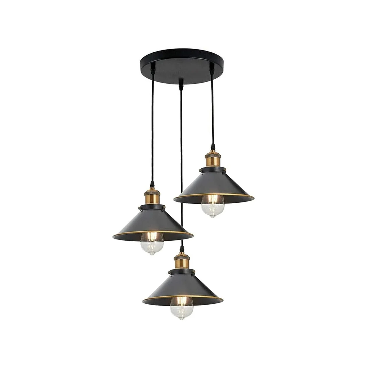 Three vintage flat cone shades with gold trim on adjustable cable pendant light fitting hanging from ceiling rose