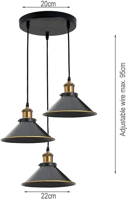 Three vintage flat cone pendant lights with gold trim hanging over a kitchen island lighting setup, adjustable height cables