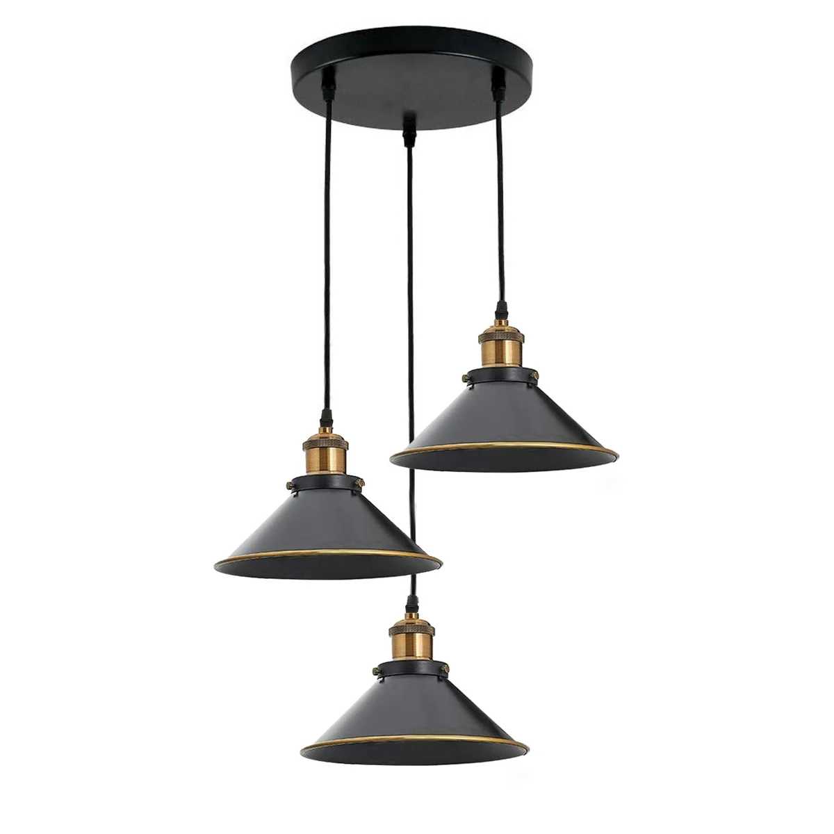 Three flat cone shades with gold finish pendant borders hanging from adjustable cables on a white background