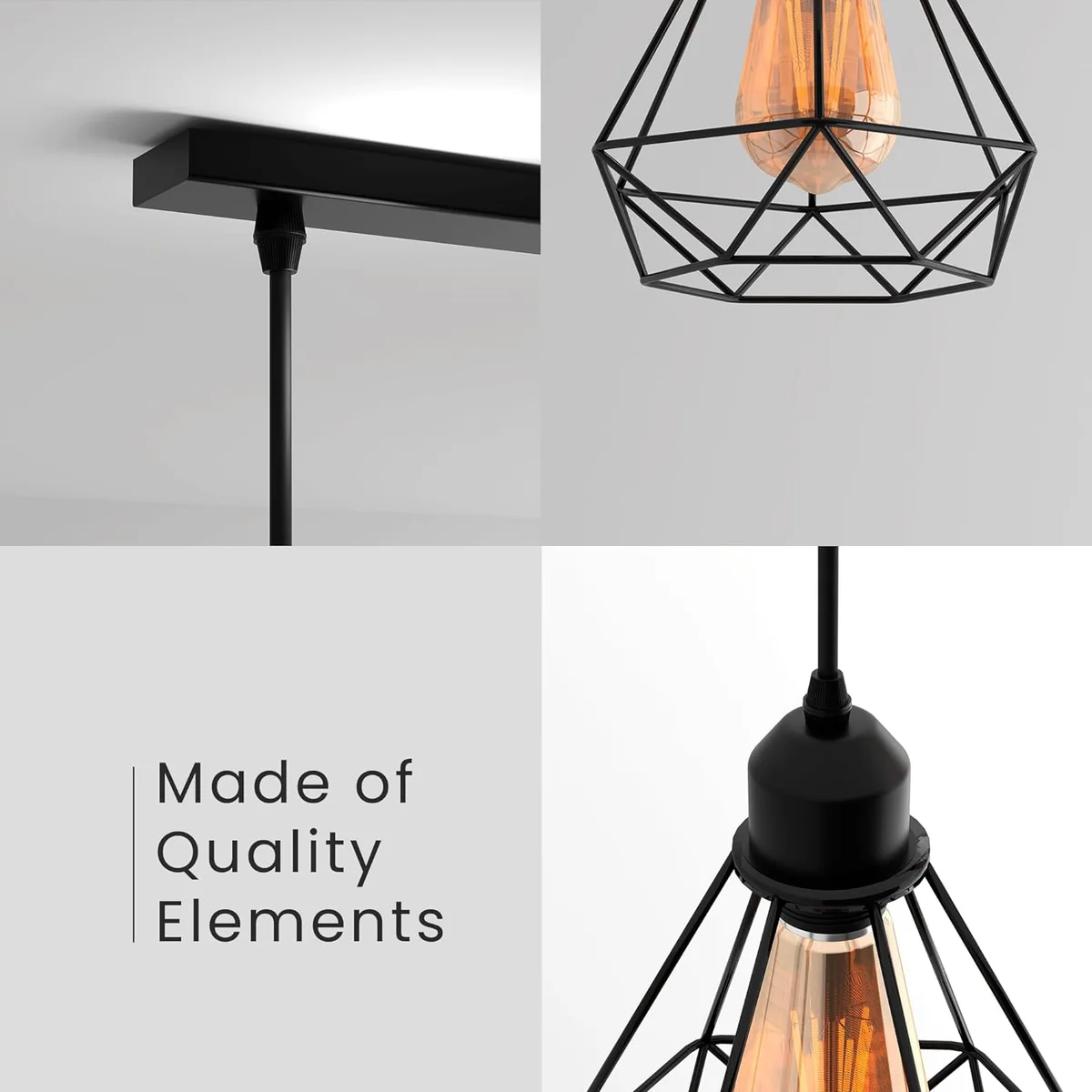 Black industrial 3 light pendant with diamond wire cage and adjustable cables, compatible with E27 bulb pendant light sockets