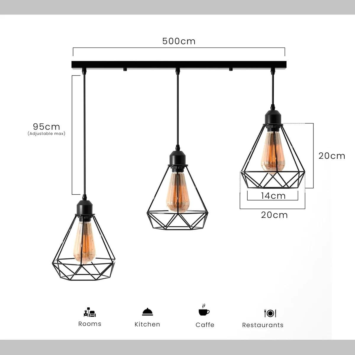 Black industrial 3-light pendant with diamond wire cages, adjustable cable, vintage style ceiling light for indoor use