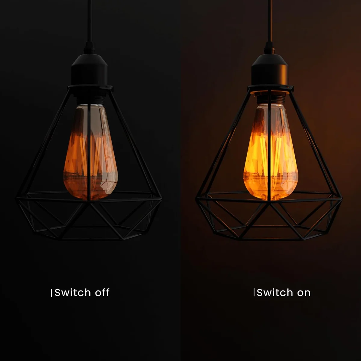 Black industrial pendant light with three diamond-shaped wire cages hanging from adjustable cables against white background