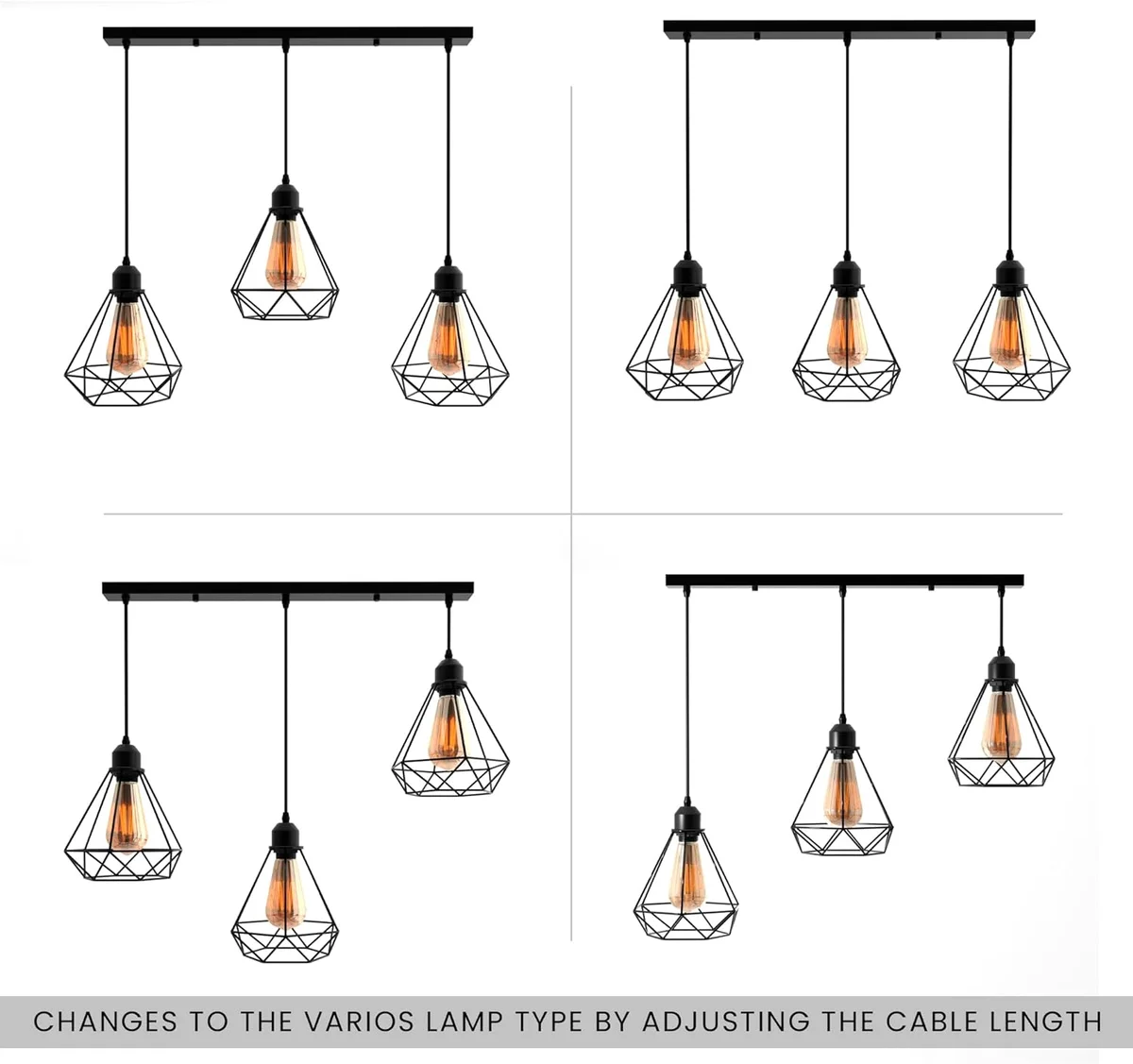 Black industrial pendant light with three diamond-shaped wire cages and adjustable hanging cables on white background