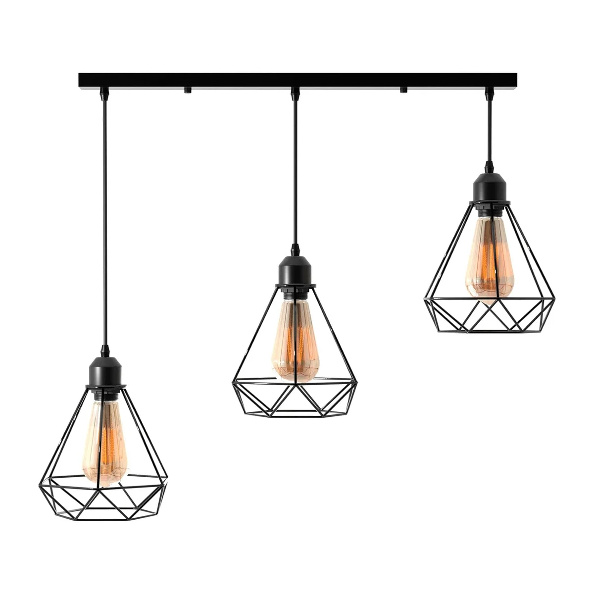 Black industrial pendant light with three diamond-shaped wire cages hanging from adjustable cables on white ceiling background