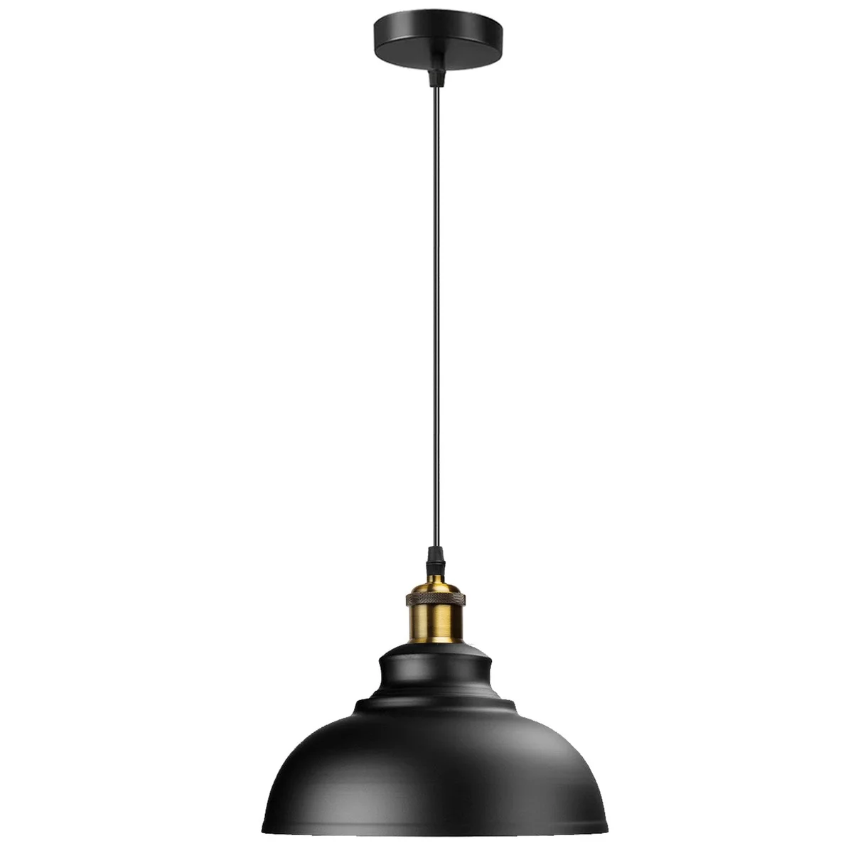 Industrial pendant light with metal dome shade, E27 base, black cord, and ceiling canopy for modern home decor