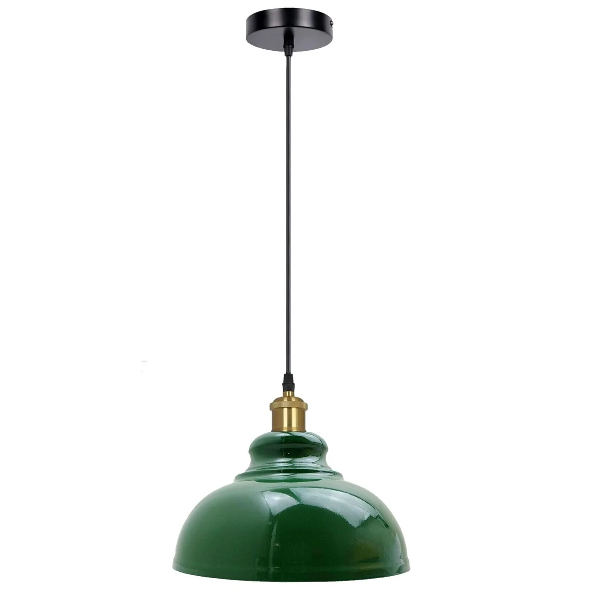 Industrial pendant light with metal dome shade, E27 base, black finish, and 95cm PVC cord hanging from ceiling mount