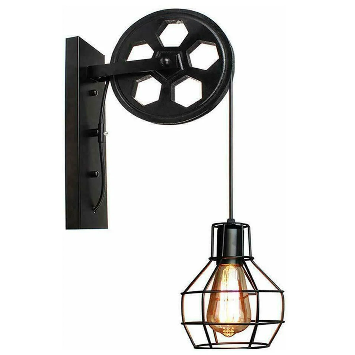 Industrial steampunk wall light with wooden beam, iron pulley wheel, and protective wire cage shade mounted on wall