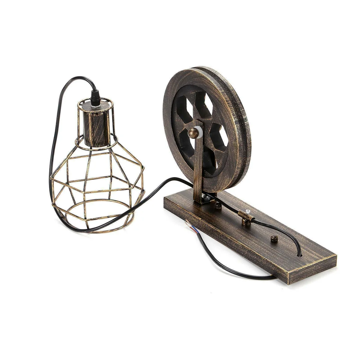 Industrial pulley wall light with wooden beam, iron cage shade, and functional pulley wheel for adjustable height lighting