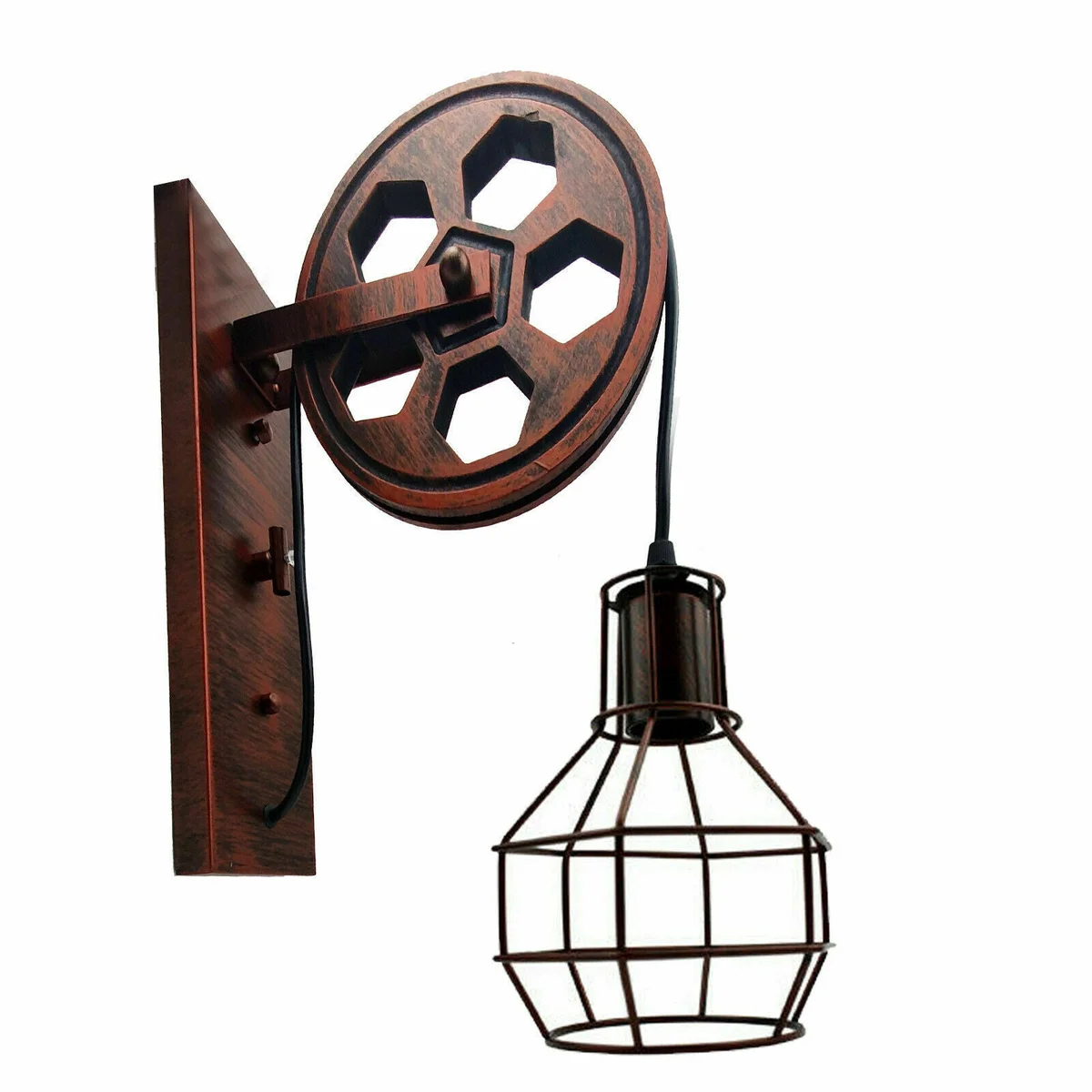 Industrial pulley wall light with wooden beam, iron cage shade, and functional pulley wheel for adjustable height hanging
