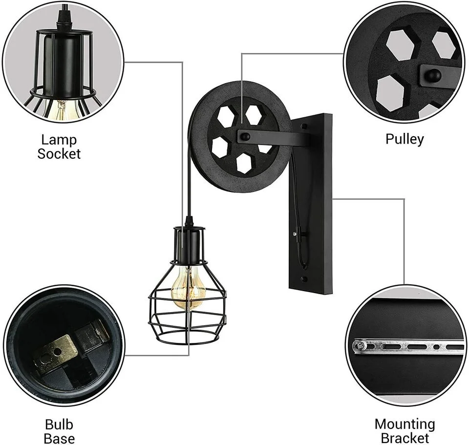 Industrial pulley wall light with wooden beam, iron cage shade, and functional pulley wheel for height adjustment on wall