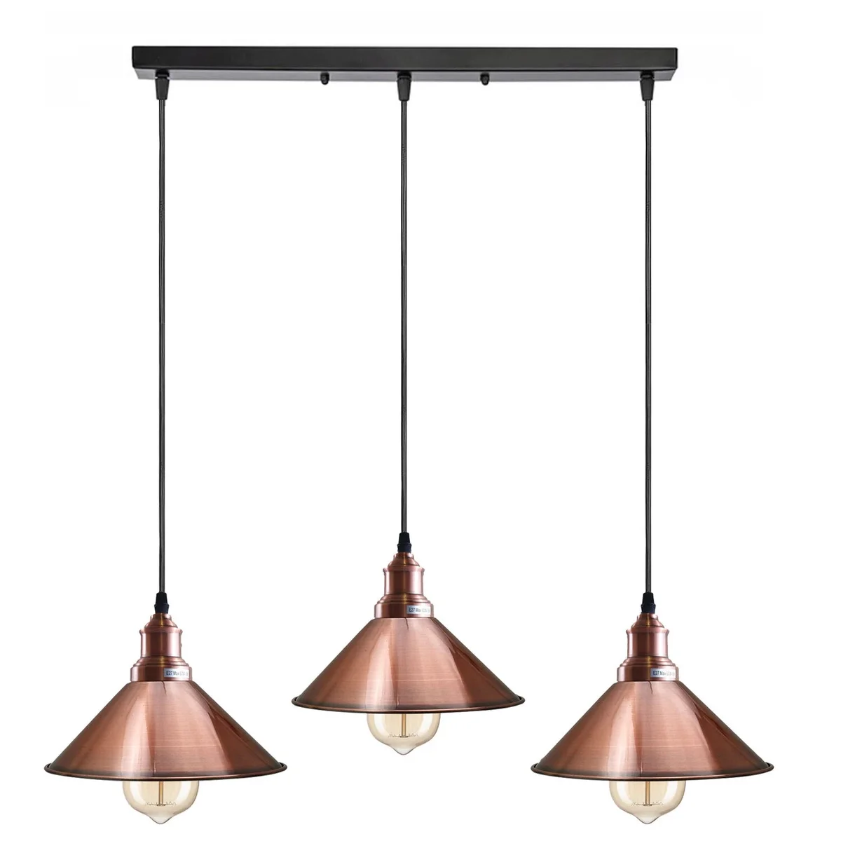 Three-head vintage industrial pendant light with black metal and copper shades hanging from adjustable cables