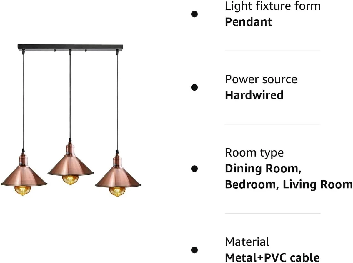Three head copper lampshade light with black metal fixture hanging from ceiling, adjustable cables and angled shades
