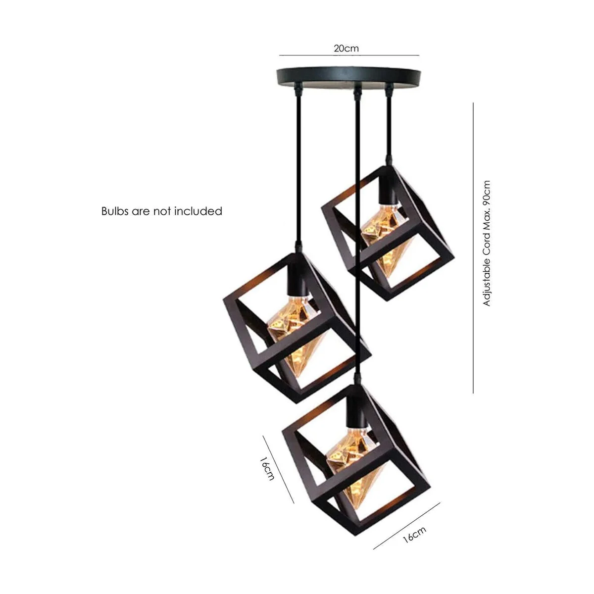 Black metal triple hanging pendant light with three square wire cages and adjustable angled base for sloped ceilings