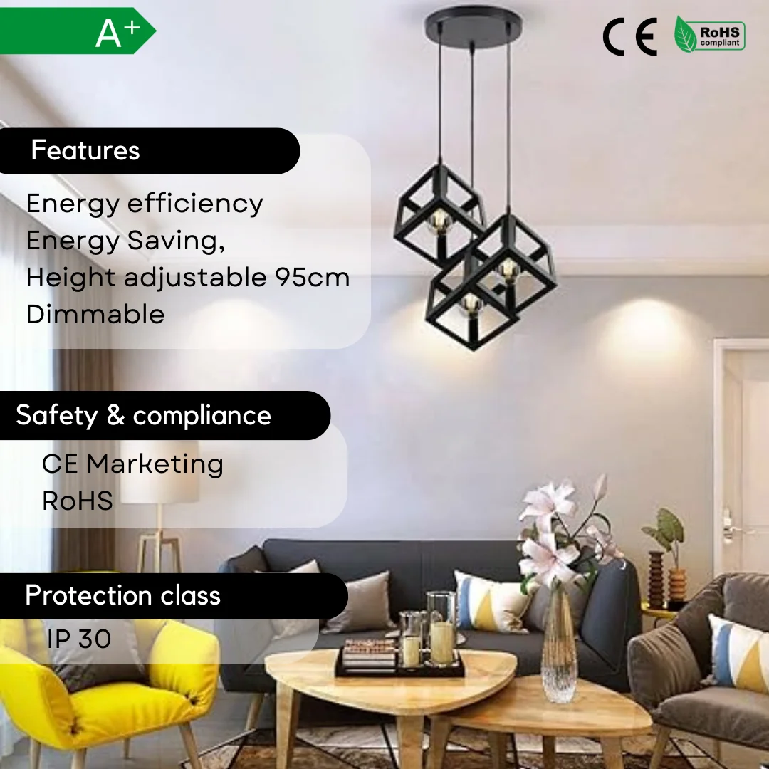 Black 3 head wire cage industrial style ceiling light with adjustable base and E27 bulb holders hanging from ceiling
