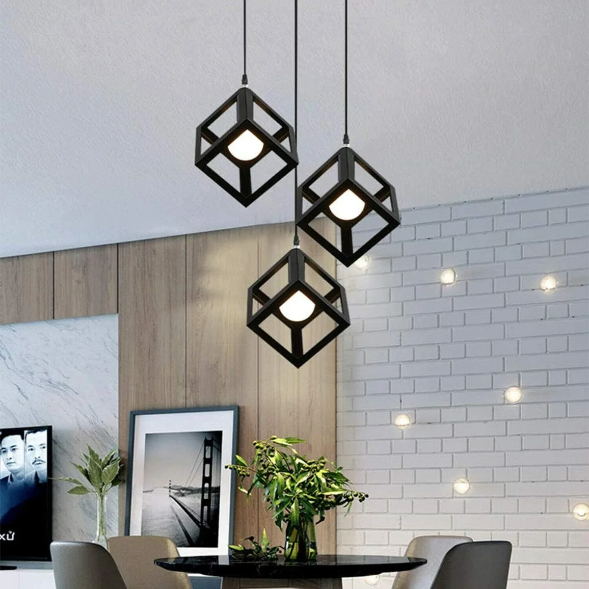 Three black square wire cages hanging pendant light with E27 bulb pendant light sockets and adjustable cables