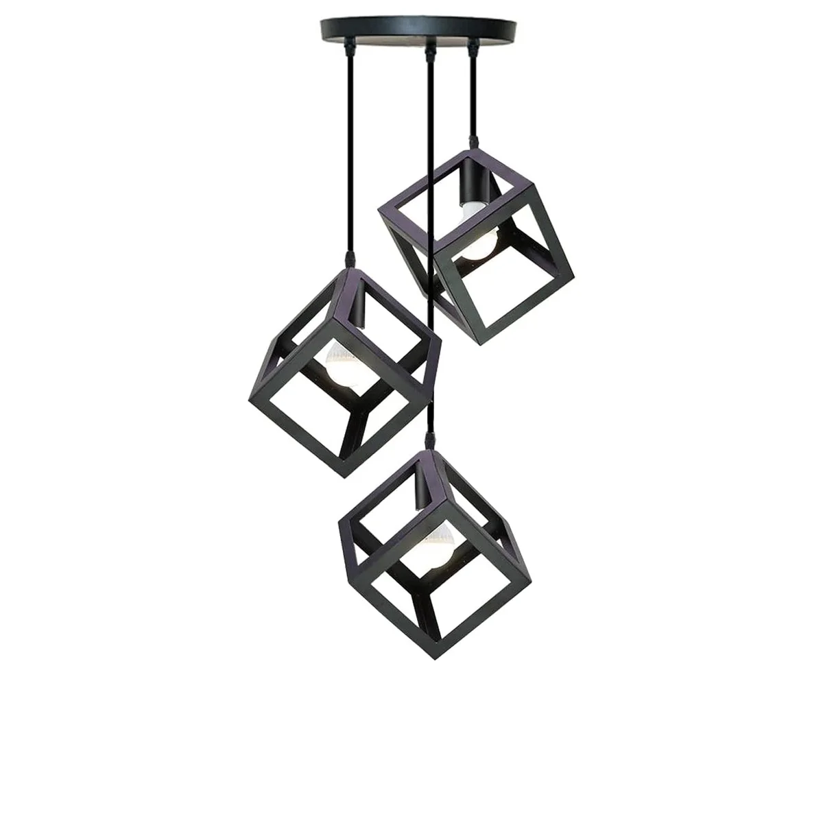 Three-head black retro metal cage pendant light with angled base and 95cm cables hanging over a kitchen island