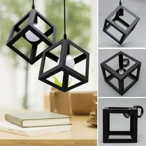Three head black wire cage pendant light with adjustable metal frames and E27 bulb holders hanging from ceiling