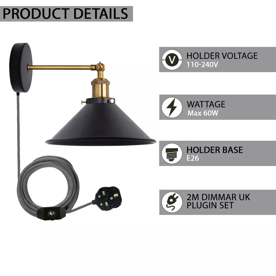 Adjustable industrial wall lamp with white cone shade and swivel arm mounted on a black ceiling rose against white wall
