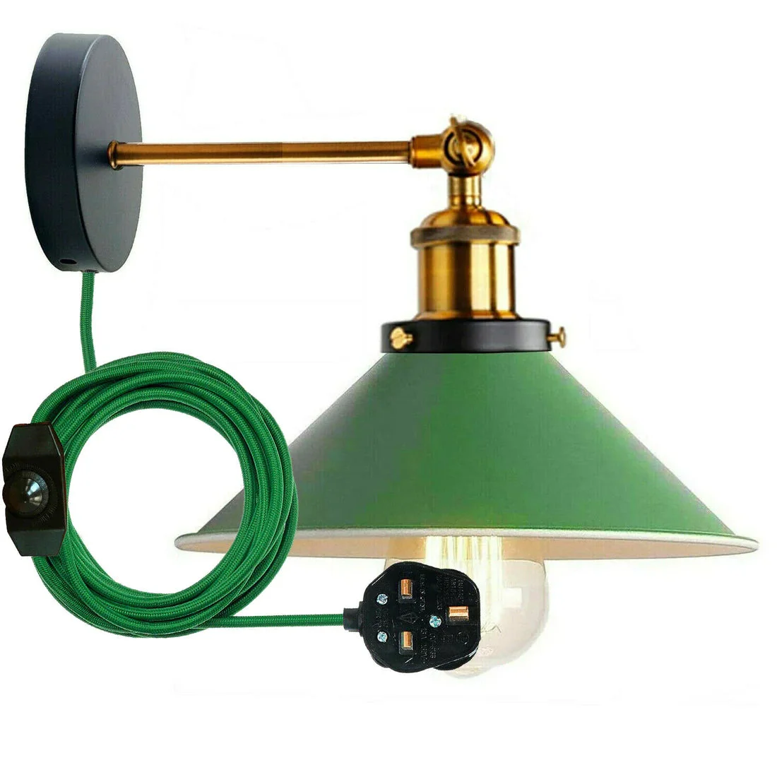 Vintage industrial dimmable wall sconce with adjustable yellow brass arm and white cone shade on white background