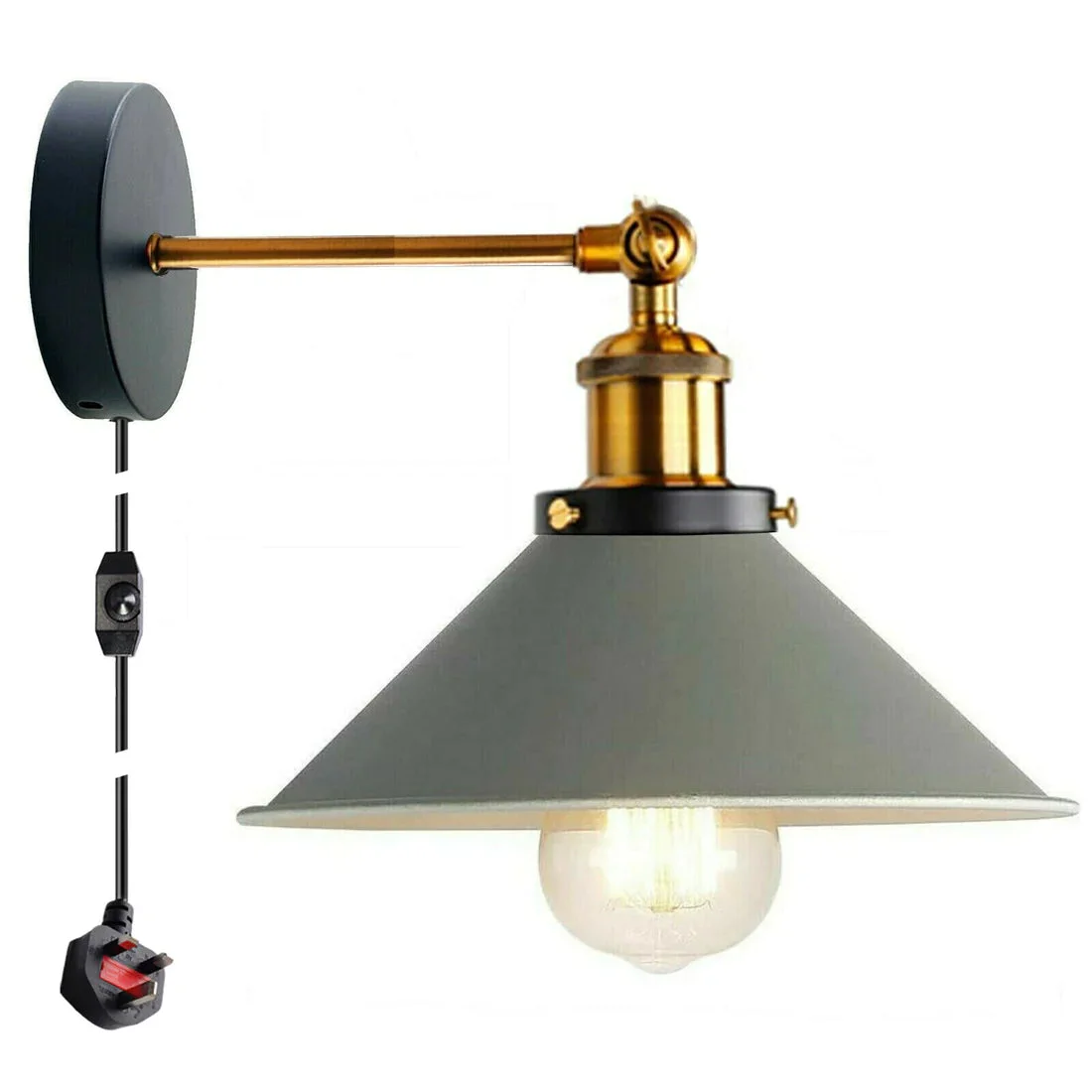 Adjustable vintage metal wall lamp with white cone shade and yellow brass arm mounted on black ceiling rose