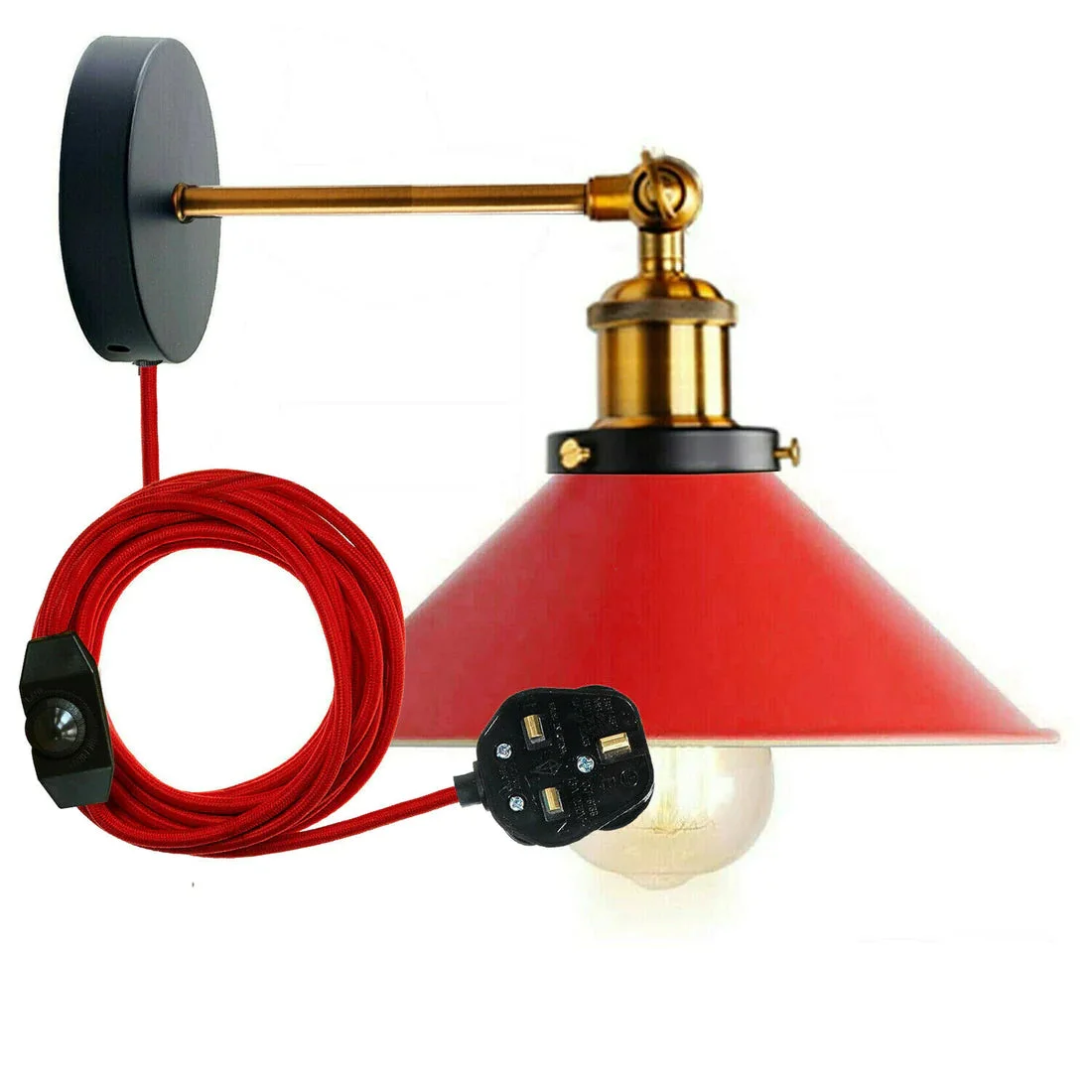 Adjustable wall sconce with white metal cone shade and yellow brass arm mounted on black ceiling rose, shown lit on wall