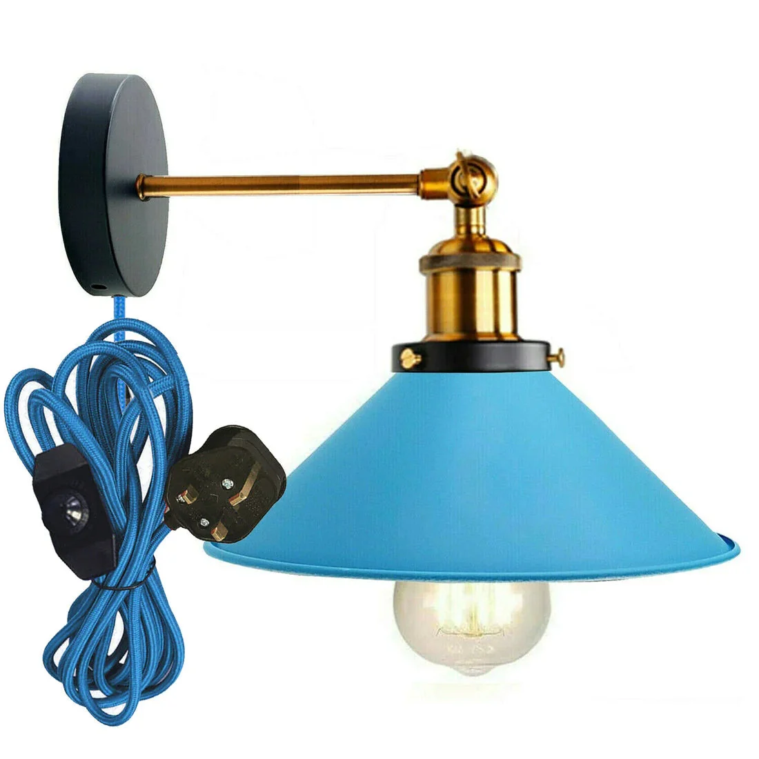 Adjustable wall sconce with yellow brass arm and cone shade mounted on black ceiling rose, vintage industrial style lighting