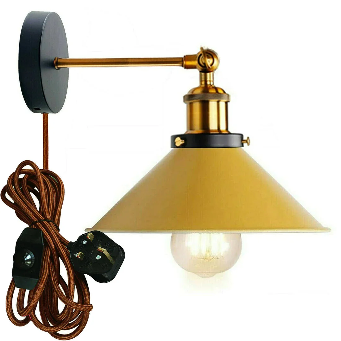 Adjustable wall sconce with white metal cone shade and yellow brass arm mounted on a black ceiling rose against white wall