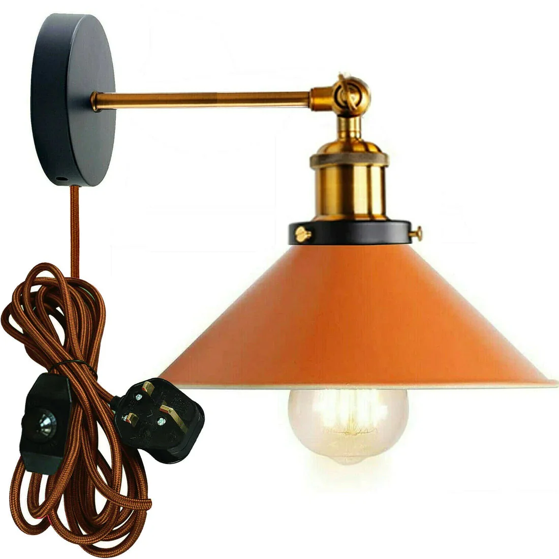 Adjustable wall sconce with white metal cone shade and yellow brass arm mounted on a black ceiling rose against a grey wall