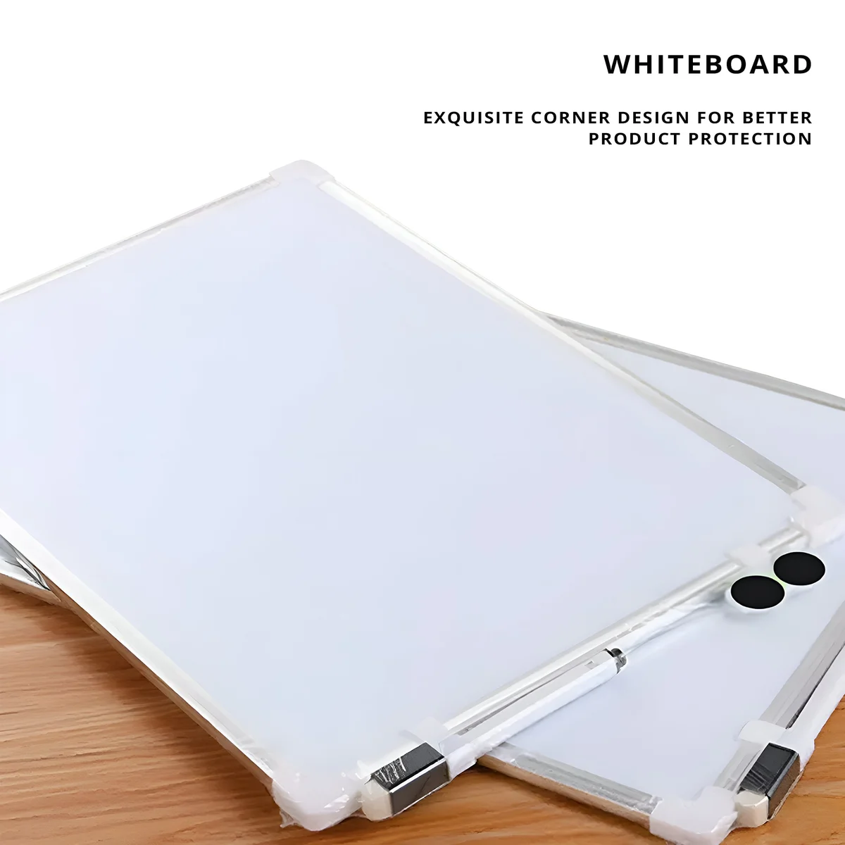 Portable whiteboard with aluminium frame and pen tray, suitable for home, office, or school use, shown upright on wall