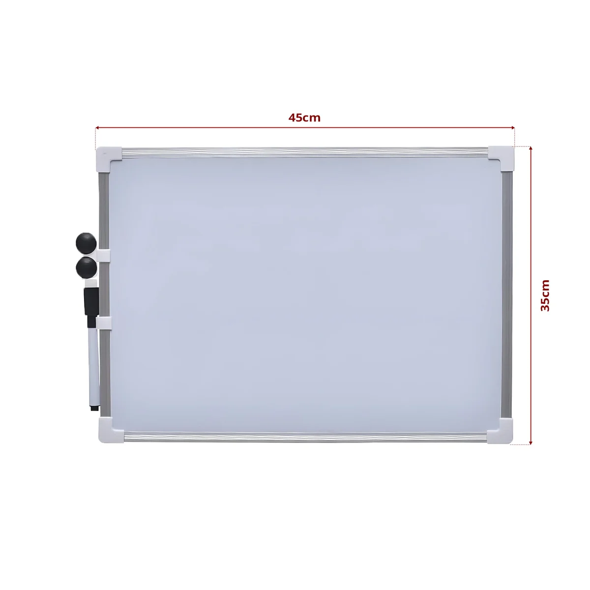 Magnetic white board with aluminium frame and pen tray shown mounted on light wall in home office setting