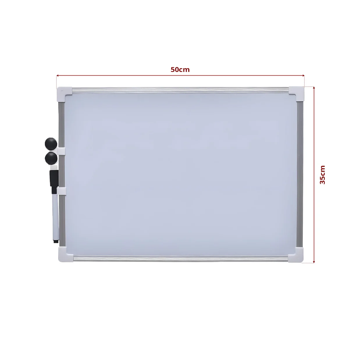 Magnetic white board with aluminium frame and pen tray shown mounted on a white wall in home office setting