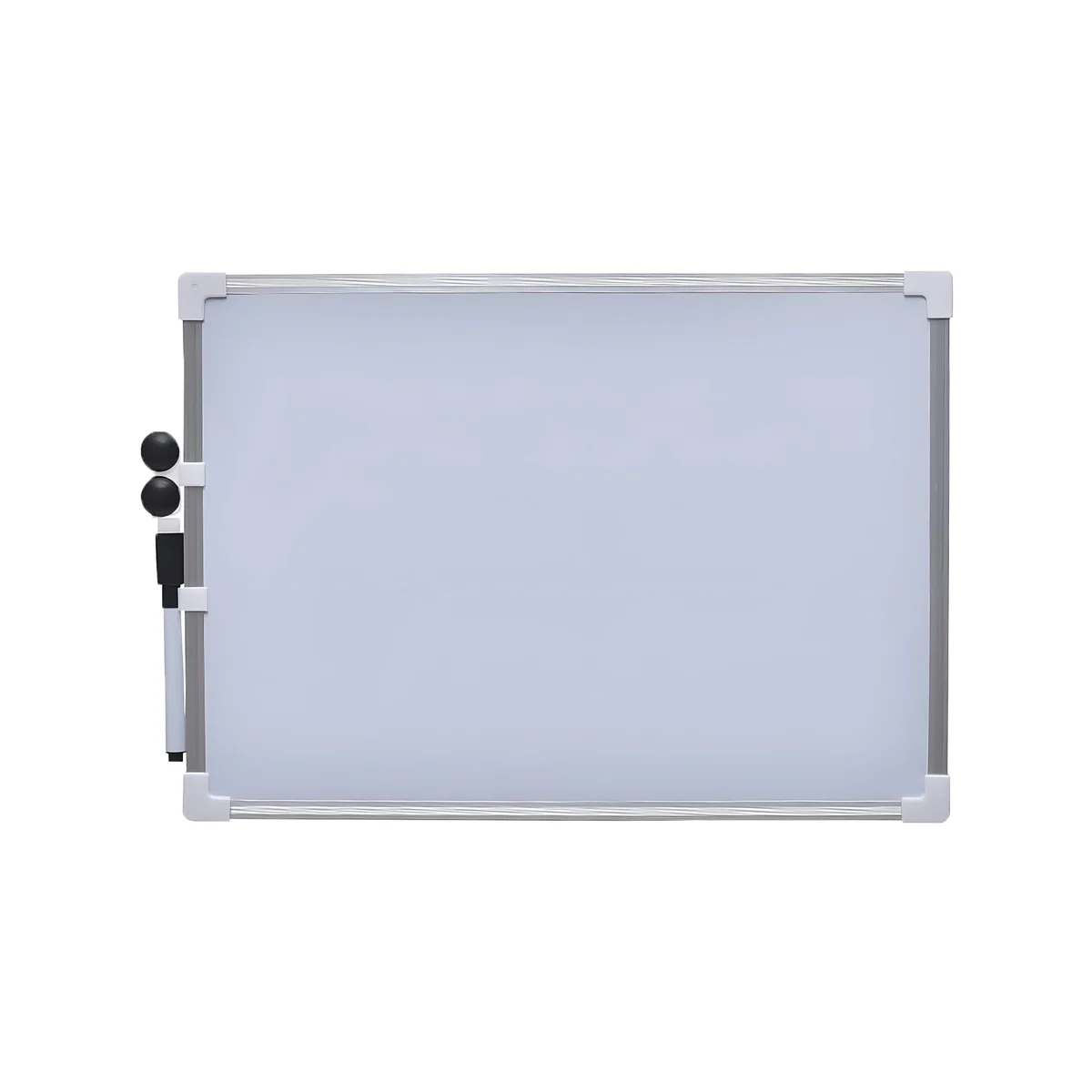 Magnetic white board with aluminium frame and pen tray shown mounted on a wall in a home office setting