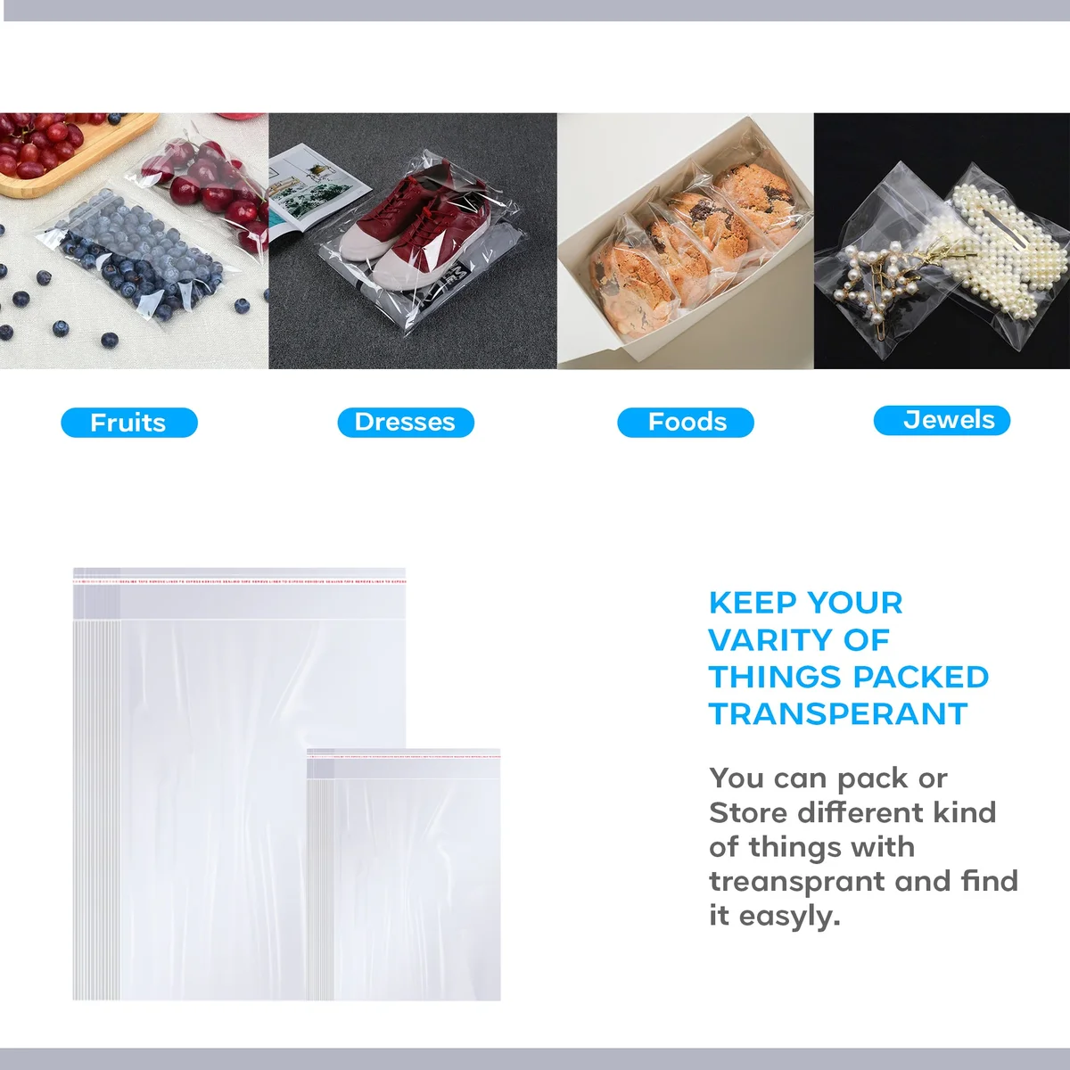Stack of transparent clear reclosable bags made of polypropylene with zip seal, shown empty and flat on white background
