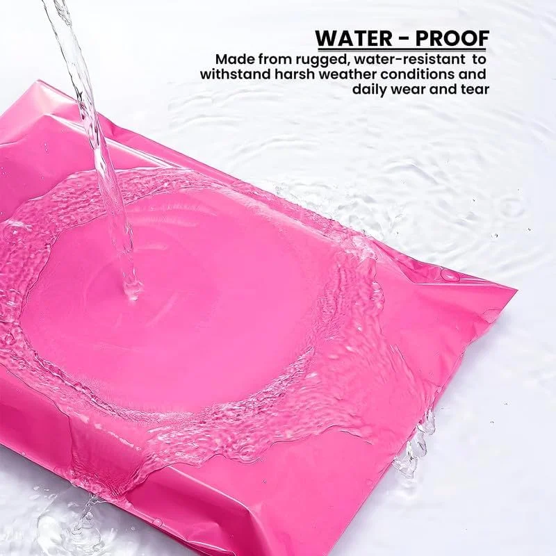 Stack of pink, light green, and cyan blue tear resistant mail bags made of durable polyethylene with self-adhesive seal
