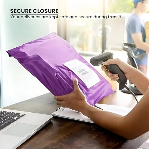 Stack of pink, light green, and cyan blue durable poly mailers with self-adhesive closure, 28x42cm size visible