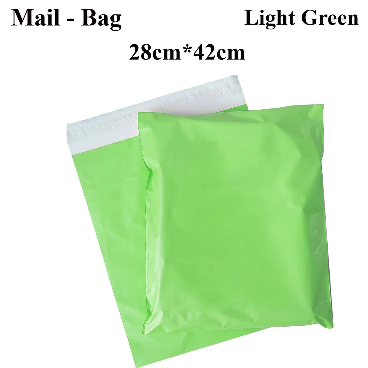 Stack of pink, light green, and cyan blue polyethylene mail bags with self-adhesive closures on white background