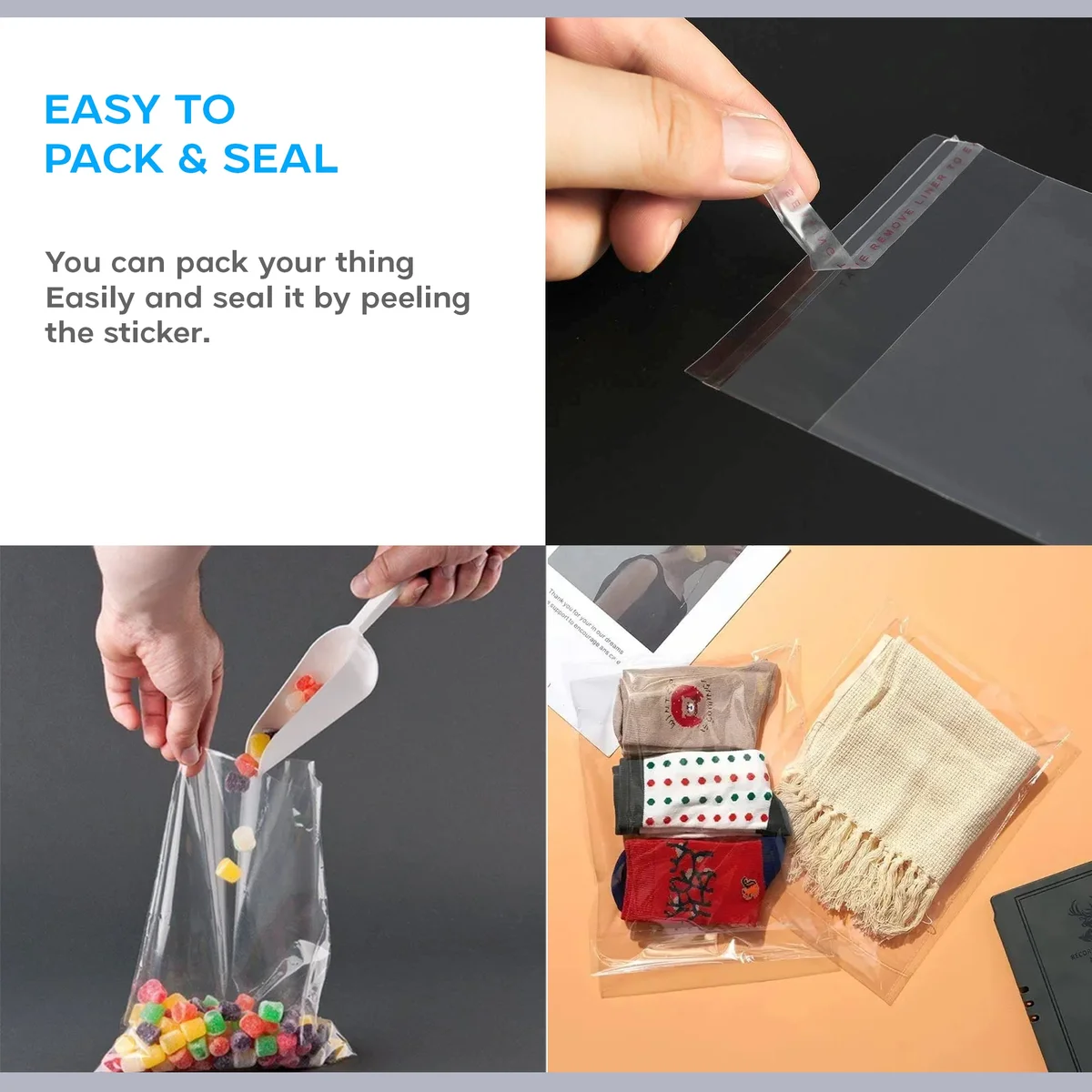 Stack of clear resealable transparent poly bags with zip lock, ideal for storing food, jewellery, and small items