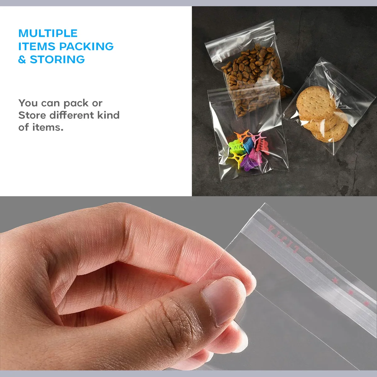 Stack of clear resealable zip bags made from transparent polypropylene, showing secure bite-in seal and rectangular shape