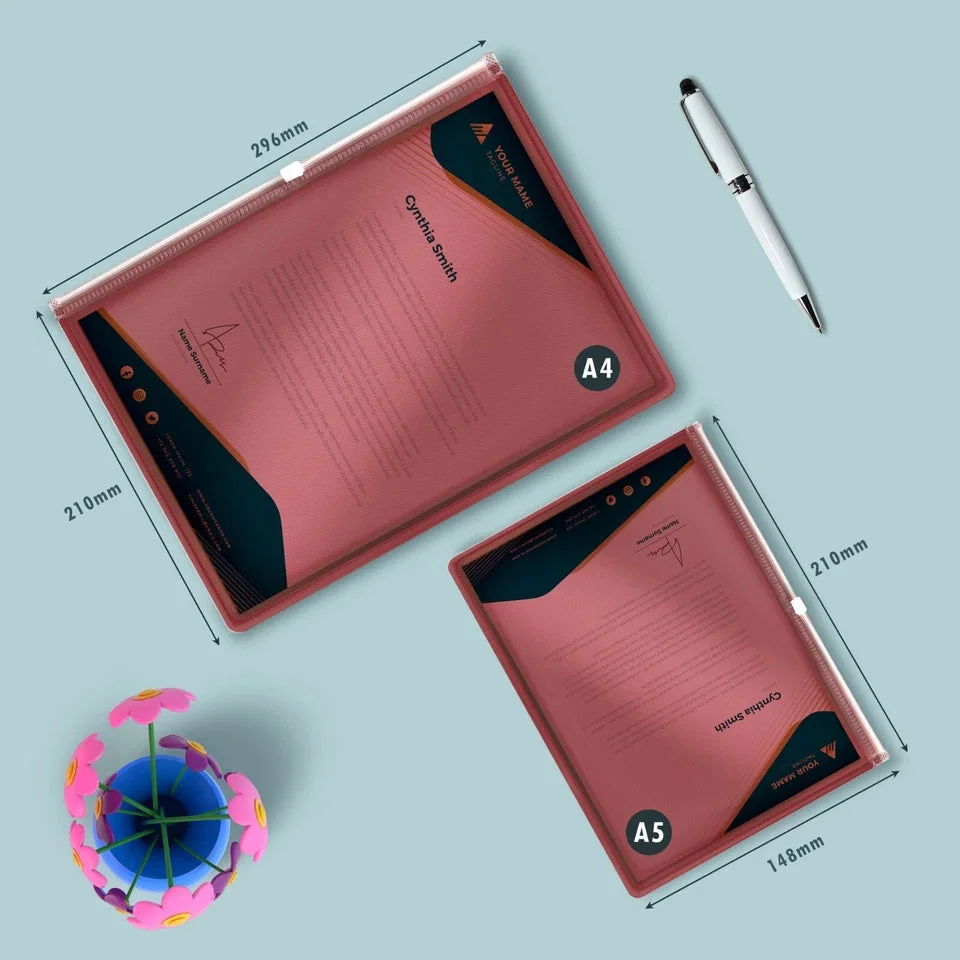 Stack of clear A4 A5 document wallets with zip lock closures, showing translucent plastic and organized papers inside