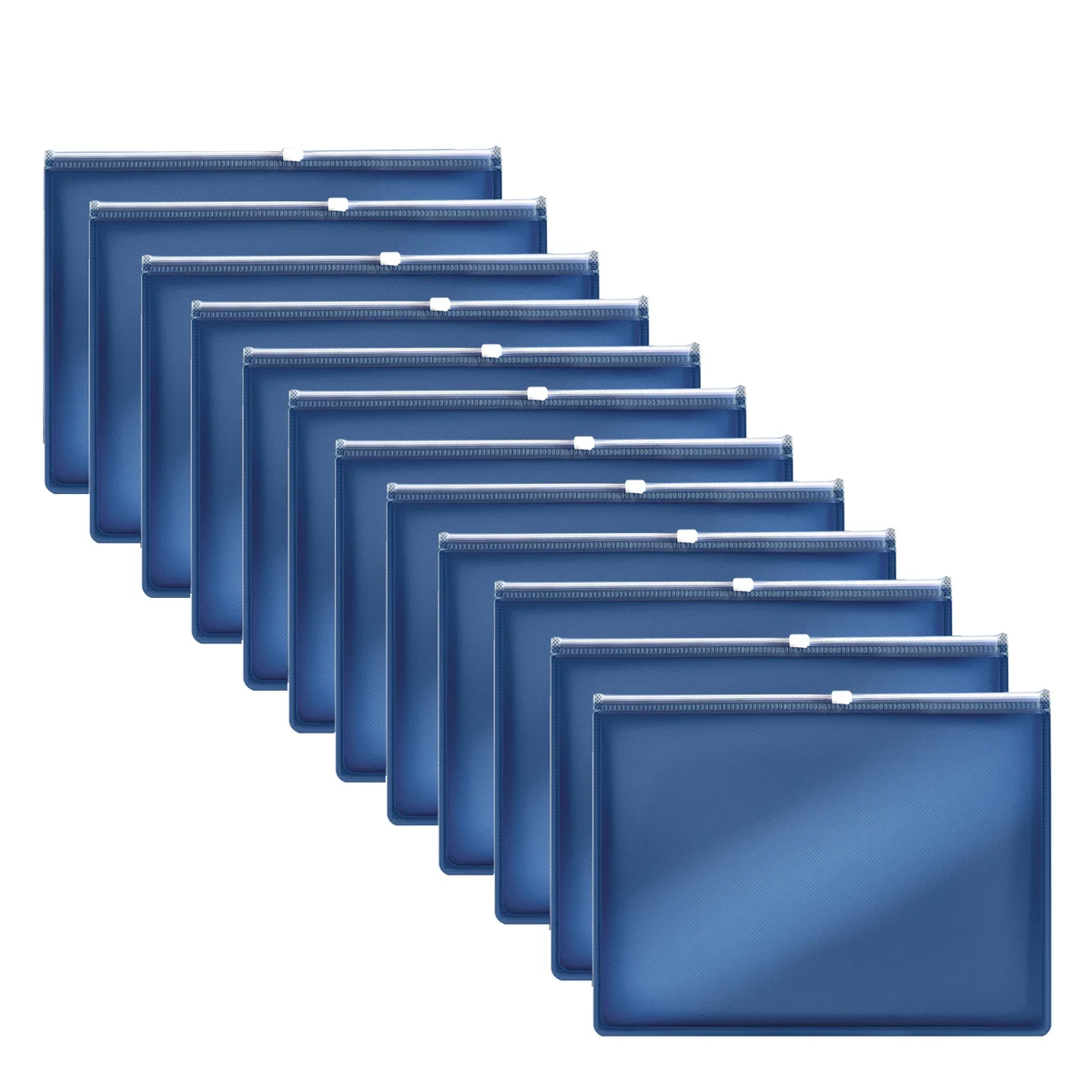 Stack of 12 clear waterproof file folders with zip lock closures, suitable for A4 and A5 documents, shown on white background